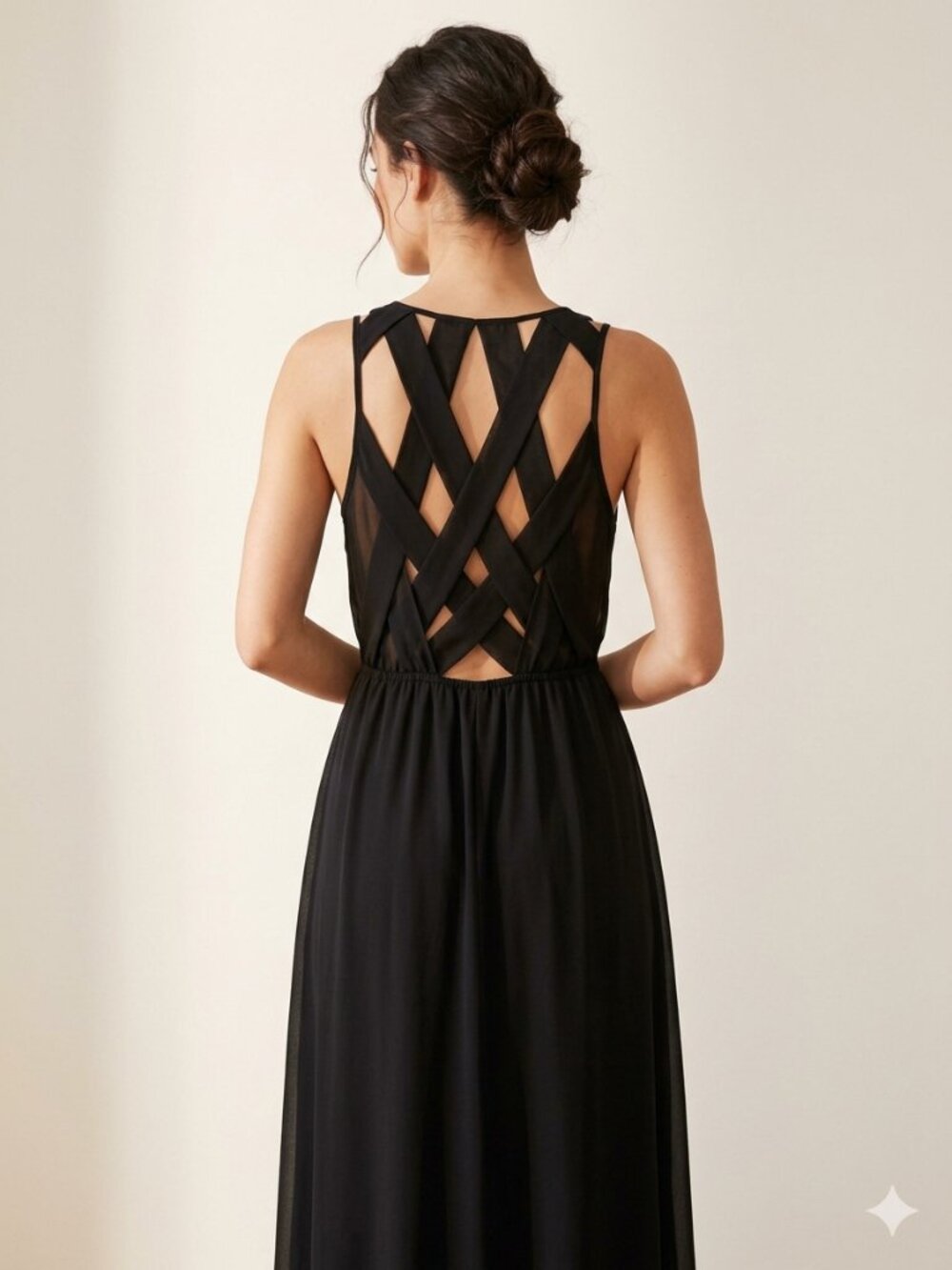 BEAUTIFUL Black Chiffon Lattice Strappy Cutout Back Maxi Dress